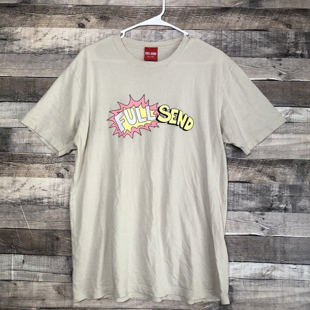 Full Send Comic Tee Graphic Logo Tan Cream Crew Neck T Shirt Mens XL